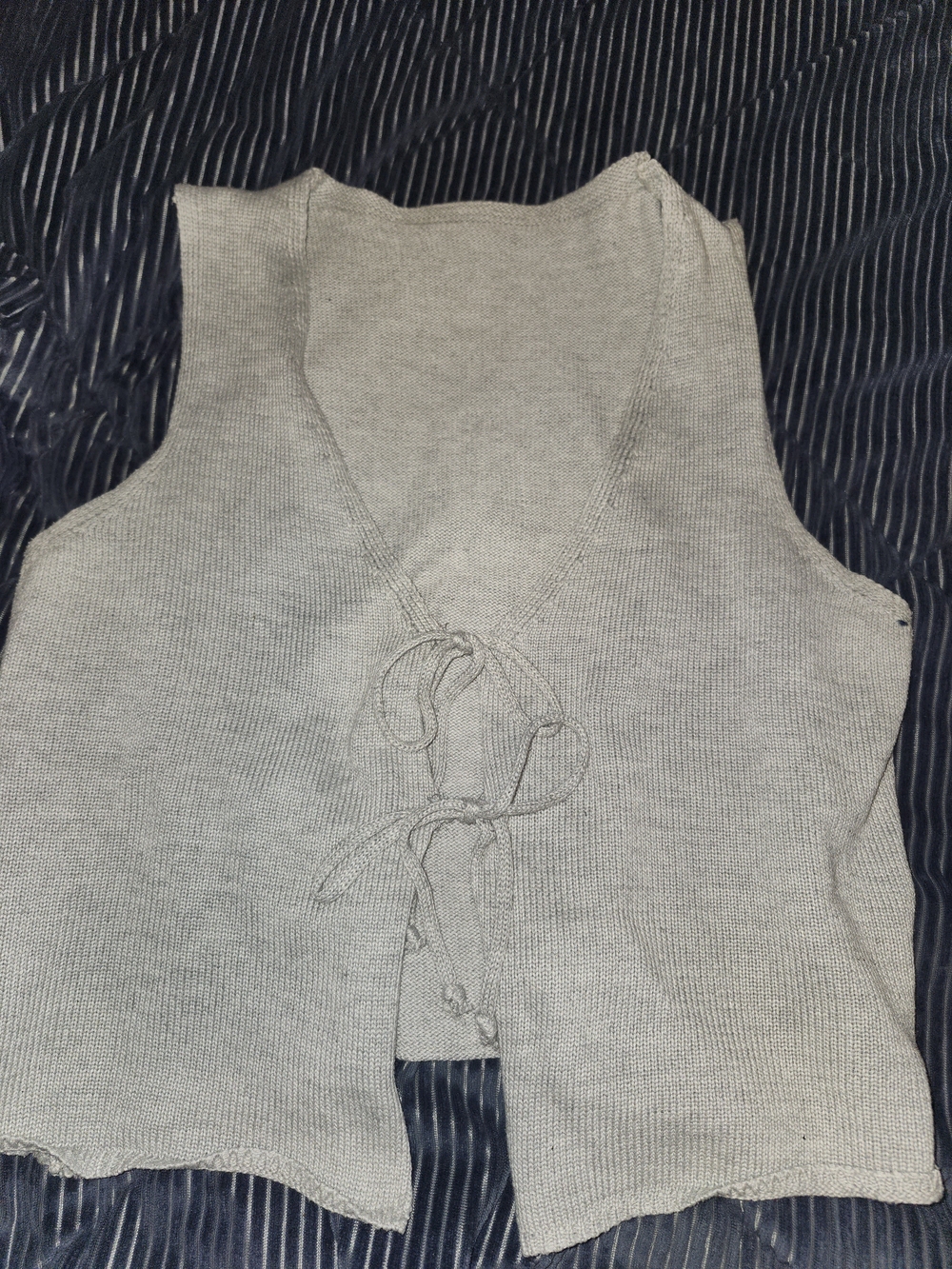 Gray Knit Lace-Up V-Neck Tank